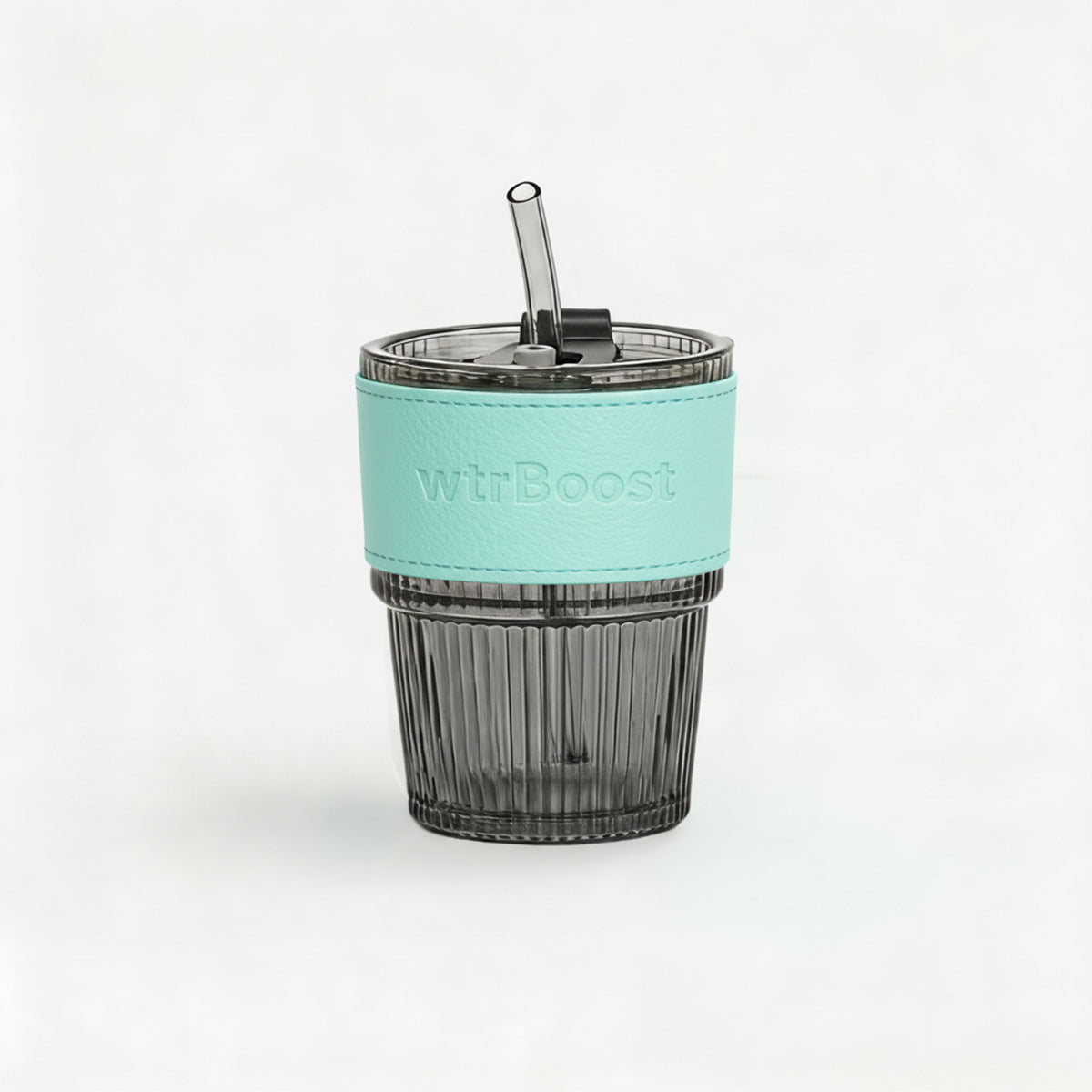 Black Stylish Heat-Resistant Glass Tumbler with Blue Sleeve and Straw