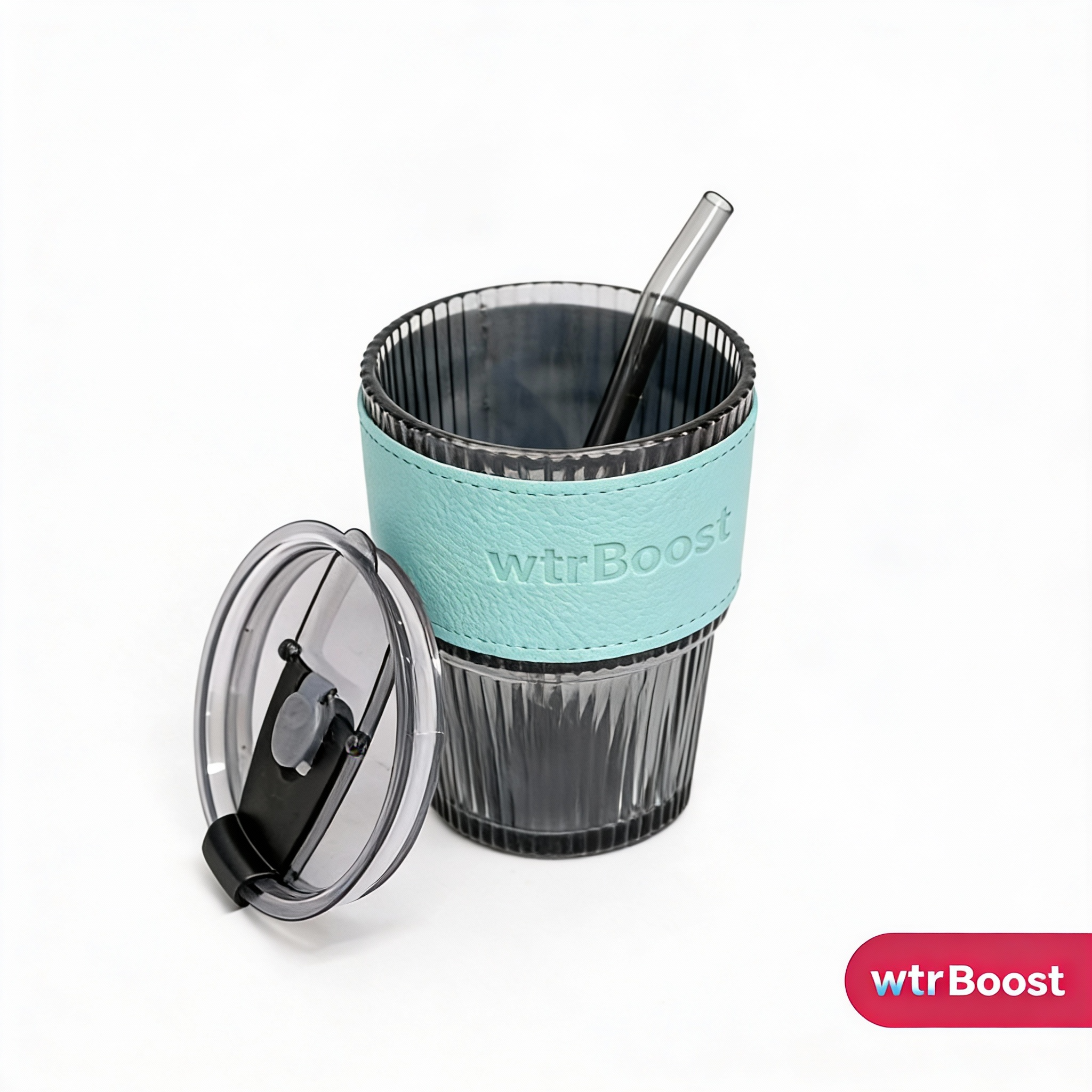 Black Stylish Heat-Resistant Glass Tumbler with Blue Sleeve and Straw