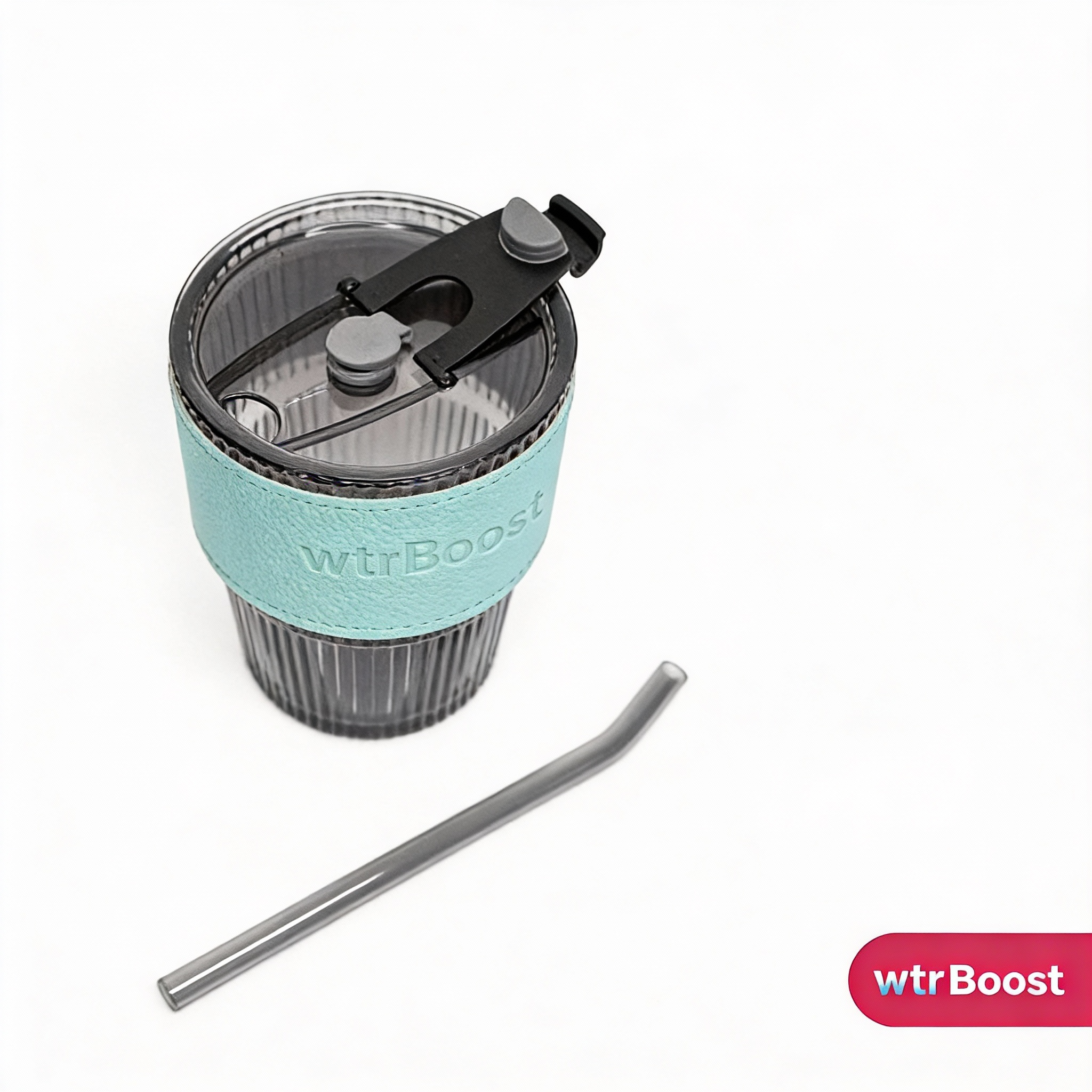 Black Stylish Heat-Resistant Glass Tumbler with Blue Sleeve and Straw