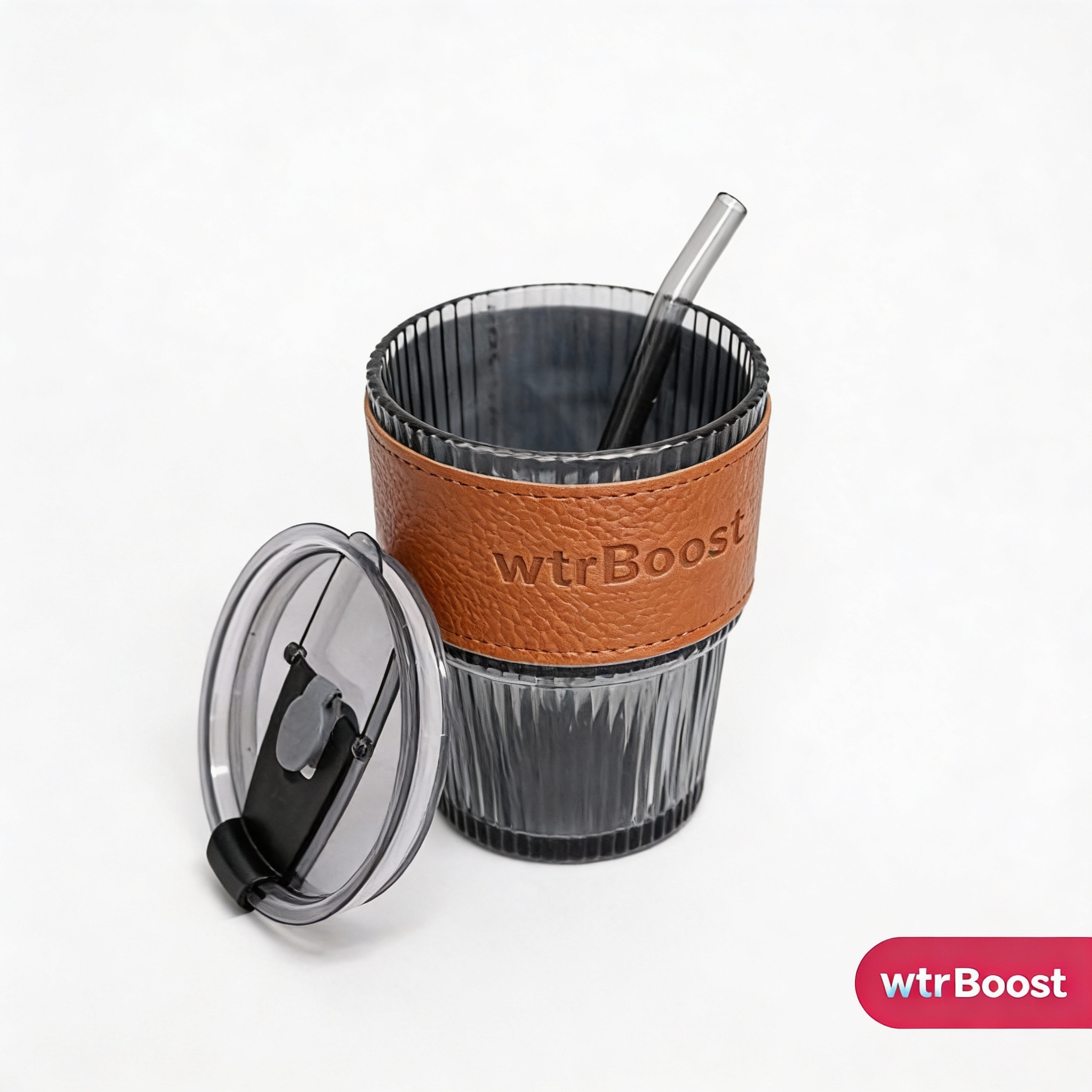 Black Stylish Heat-Resistant Glass Tumbler with Brown Sleeve and Straw