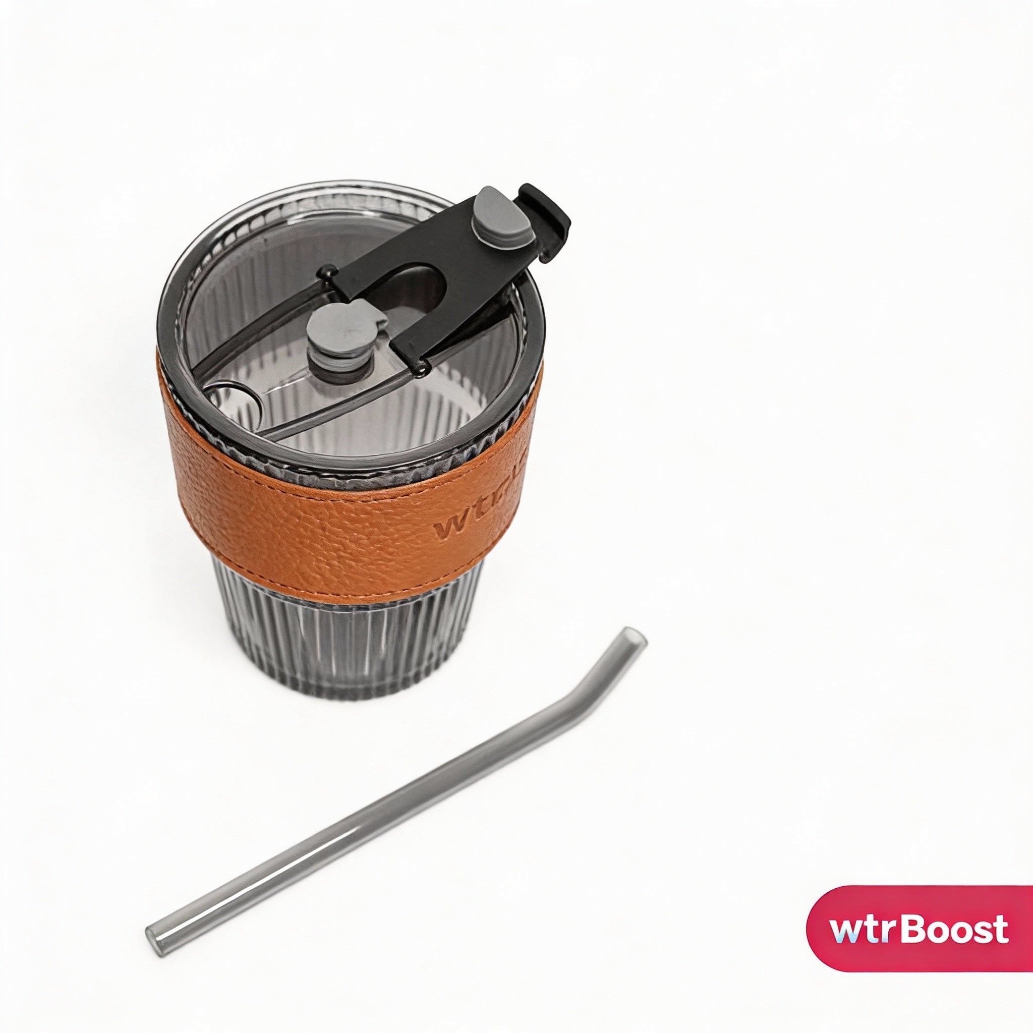 Black Stylish Heat-Resistant Glass Tumbler with Brown Sleeve and Straw