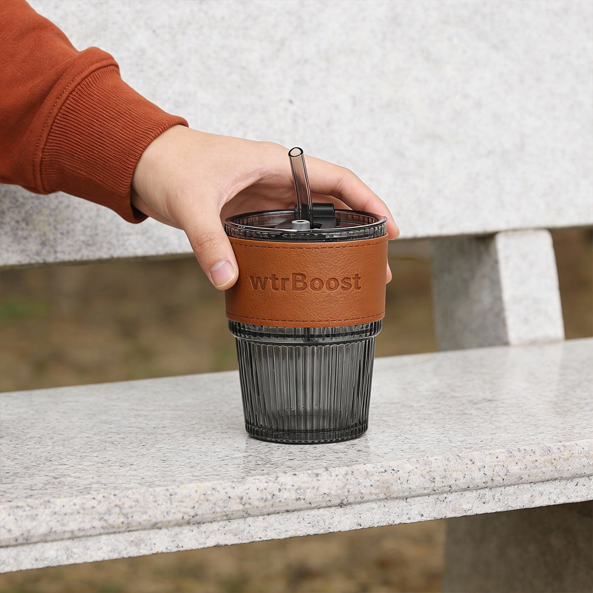 Black Stylish Heat-Resistant Glass Tumbler with Brown Sleeve and Straw