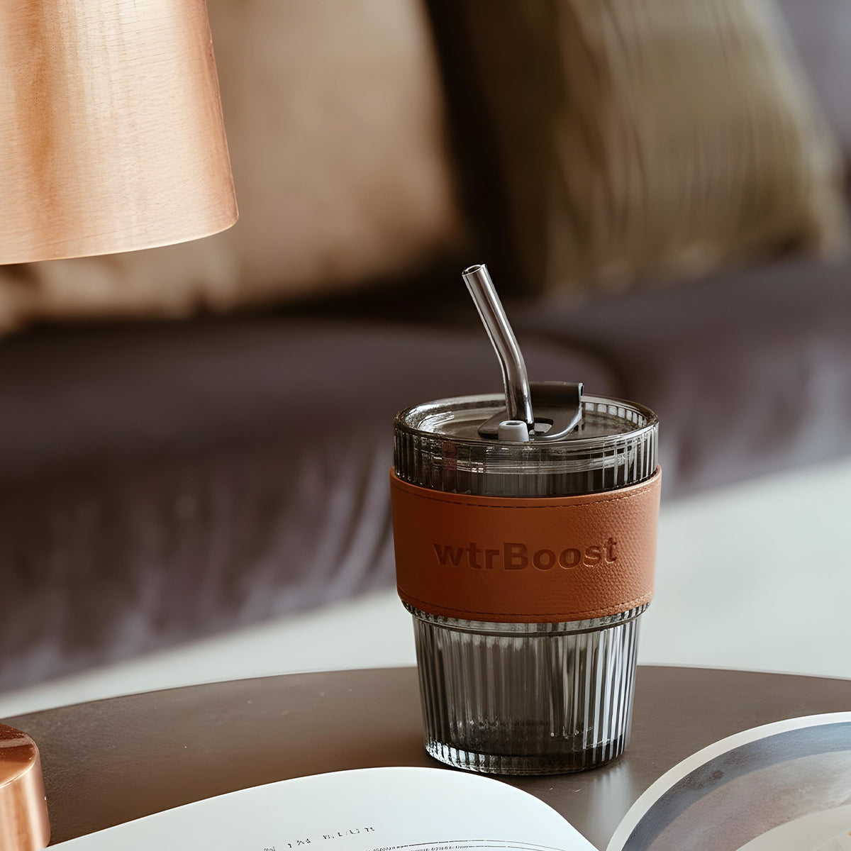 Black Stylish Heat-Resistant Glass Tumbler with Brown Sleeve and Straw