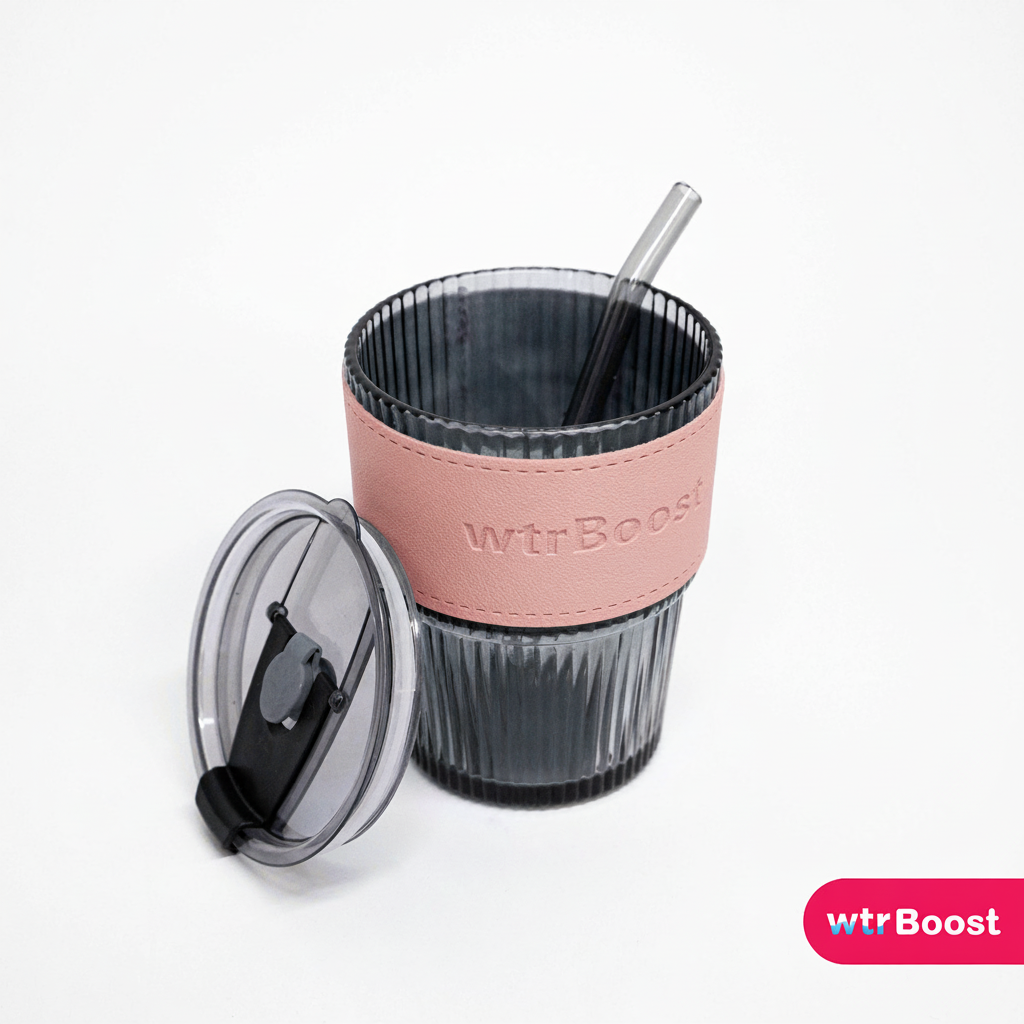 Black Stylish Heat-Resistant Glass Tumbler with Pink Sleeve and Straw