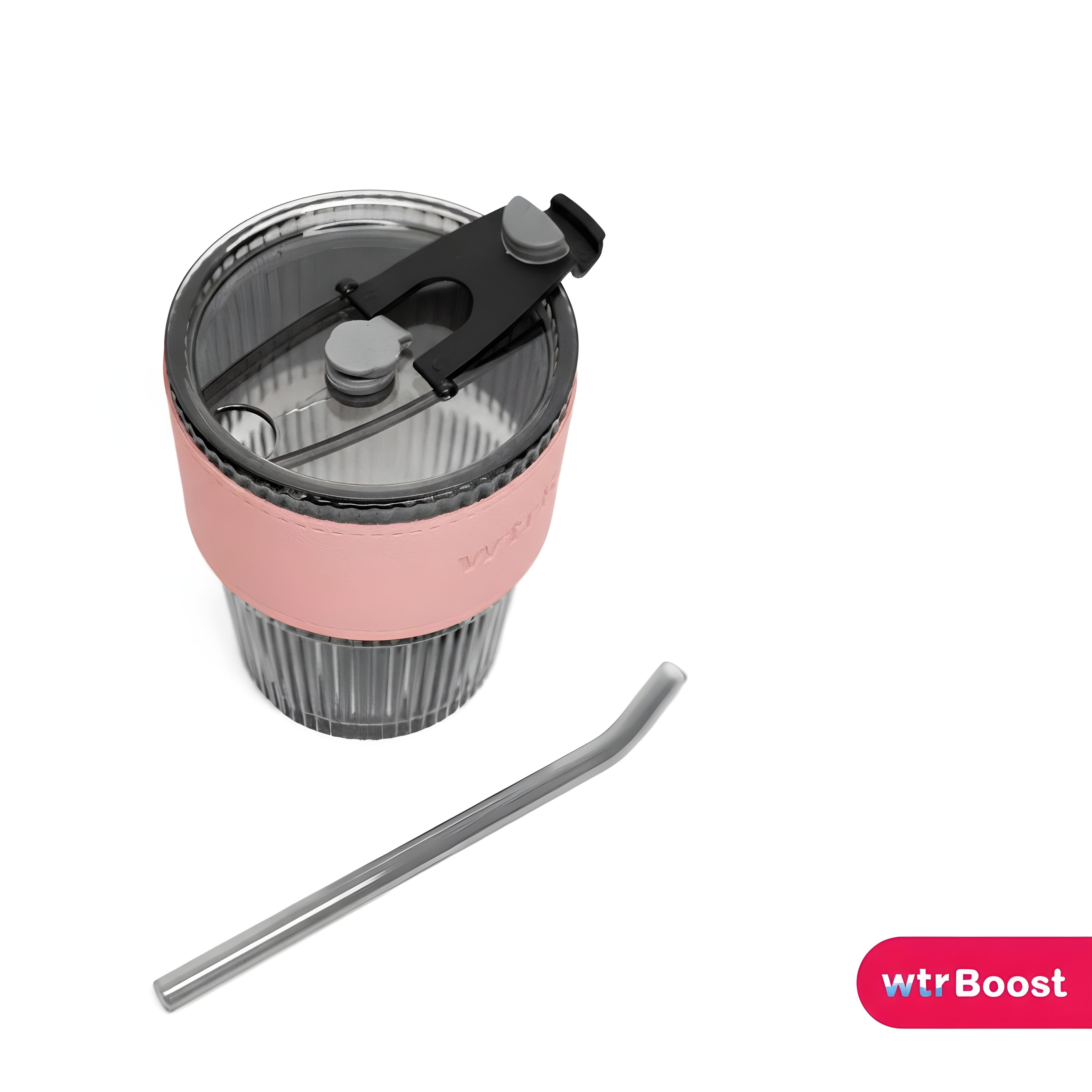 Black Stylish Heat-Resistant Glass Tumbler with Pink Sleeve and Straw