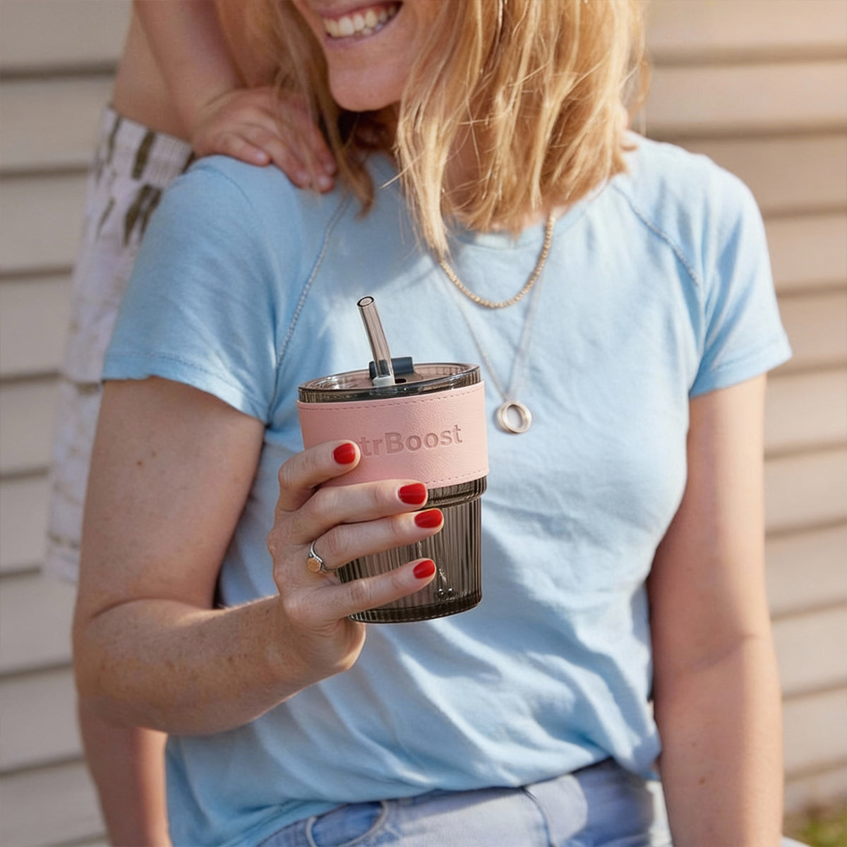 Black Stylish Heat-Resistant Glass Tumbler with Pink Sleeve and Straw