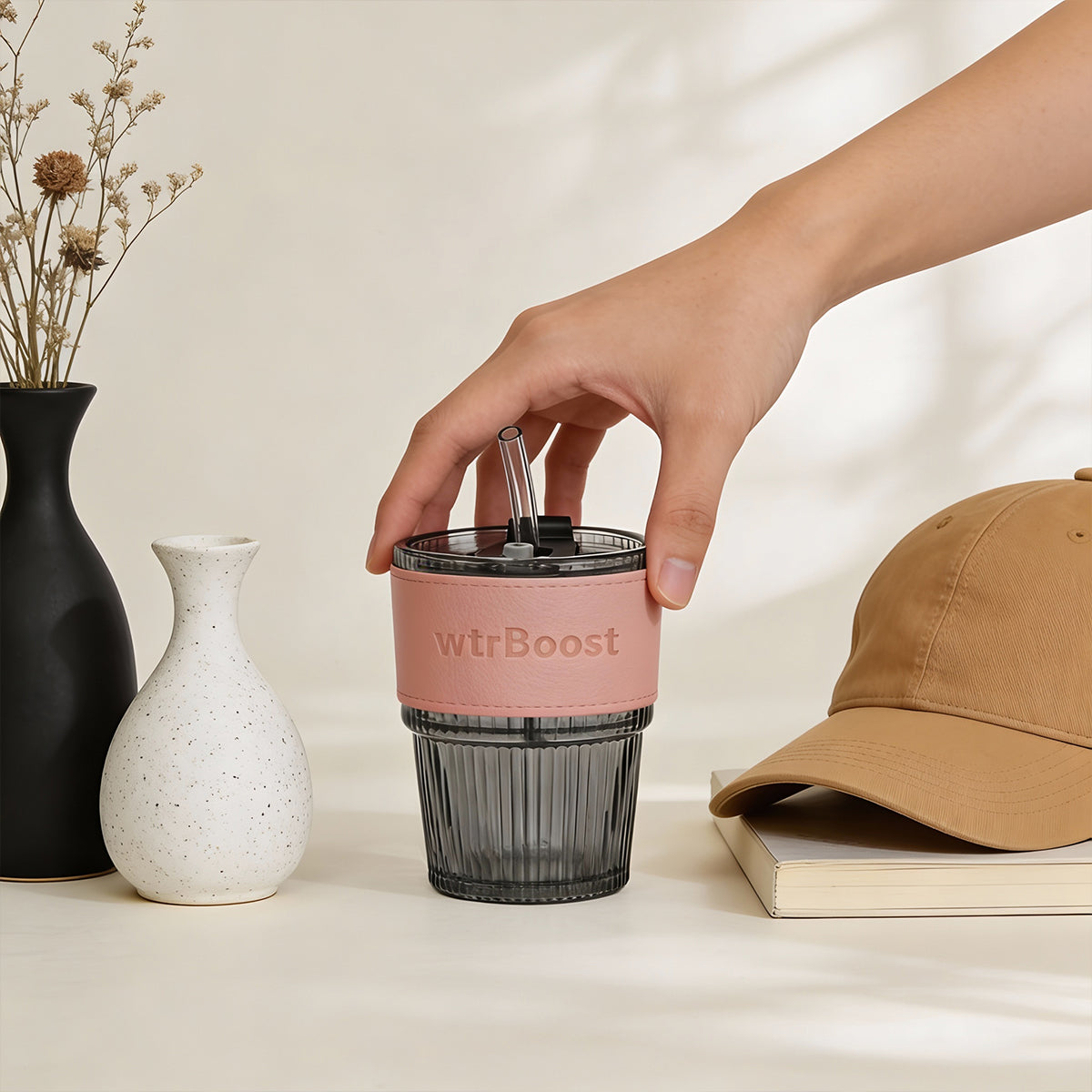 Black Stylish Heat-Resistant Glass Tumbler with Pink Sleeve and Straw