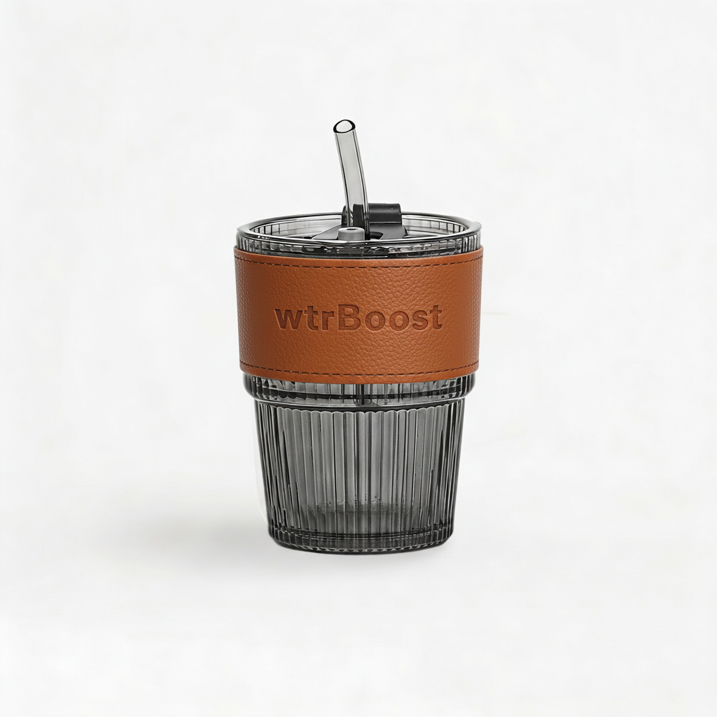 Black Stylish Heat-Resistant Glass Tumbler with Brown Sleeve and Straw